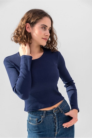 Gri Uzun Kollu Fitilli Bluz Crop Örme T-shirt Koyu Lacivert