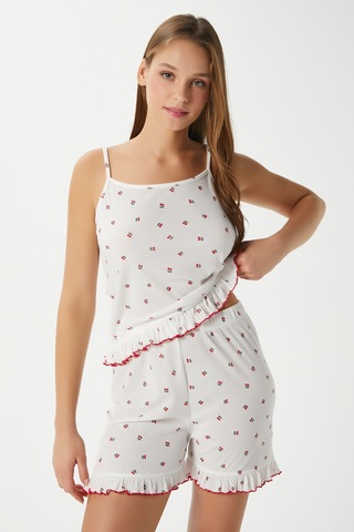Ritnice Kadın Paula Kiraz Desen Fırfır Şortlu Pijama Takımı Kırmızıbeyaz