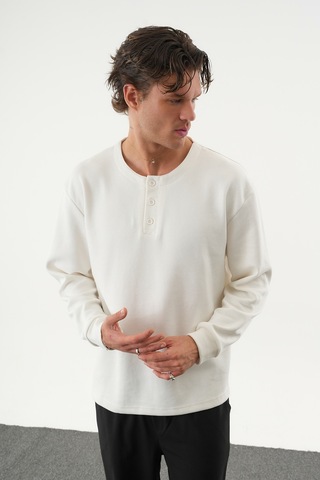Redline Taren Oversize Erkek Kışlık Düğmeli Sweatshirt BEYAZ