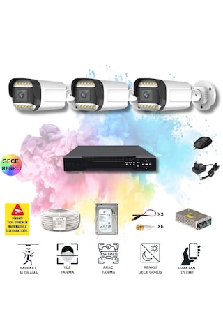 Qromax 3 Kameralı Set - Yapay Zeka Özellikli Gece Renkli Gösteren 5mp Sony Lensli 12 Warm Ledli Fullhd Güvenlik Kamerası Seti 312w-104