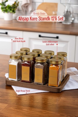 Mienda Home Ahşap Standlı Cam Baharatlık Seti Gold Kapak-etiket 12'li Baharatlık Takımı-mh01gld12 Gold - Şeffaf