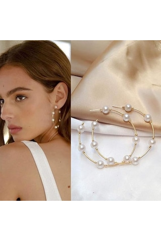 Gelin İnci Halka Küpe Vintage Büyük Yuvarlak Halka Küpe Düğün Gold