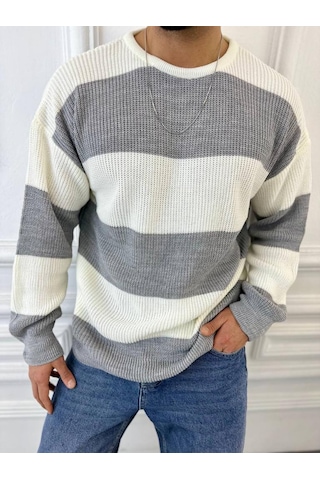 Kazak Oversize Tüylenmez Naturel Pamuk Örme Triko Kazak Gri