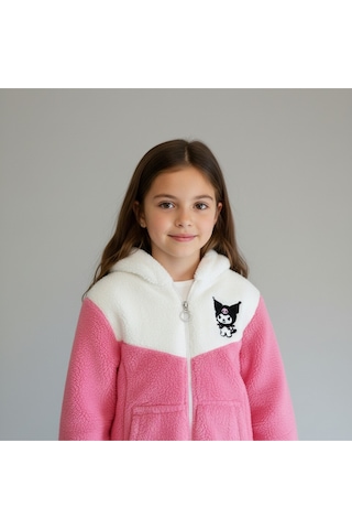Kuromi Nakışlı Çift Renk Pelüş Kapüşonlu Kız Çocuk Hırka Koyu Pembe