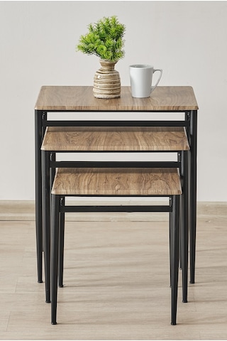 Damrin Serisi Traverten Desen 1. Sınıf Mebran Mdf 3 Lü Zigon Sehpa Takımı Ceviz Desen - Siyah Ayak