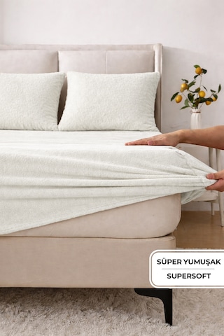 Süper Yumuşak Flanel Kadifemsi Peluş Lastikli Fitted Çarşaf Seti Kaymaz Tek/çift Kişilik Krem