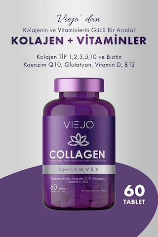 Kolajen Ve Vitaminler Tip 1,2,3,5,10 Ve Biotin, Koenzim Q10, Glutatyon, Vitamin D, B12 60 Tablet