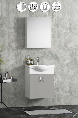 Yıldız 50 Cm Sis Gri Mdf Seramik Lavabolu Asma Banyo Dolabı Takım Beyaz-sis Gri