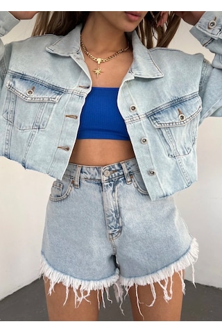 Kadın Mavi Oversize Crop Kot Ceket - Altı Kesik Dikişsiz Tasarım Çift Cepli Buz Mavi