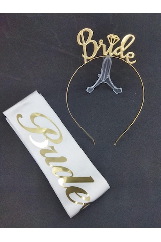 Gold Renk Taç Ve Beyaz Kuşak Bride Seti