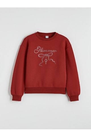 LC Waikiki Lcw Kids Kırmızı Bisiklet Yaka Taşlı Kız Çocuk Kalın Sweatshirt Red