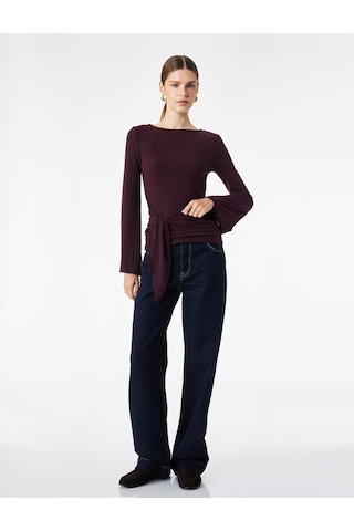 Koton Slim Fit Bisiklet Yaka Bağlama Detaylı Uzun Kollu Bluz Bordo 7wak80014pk