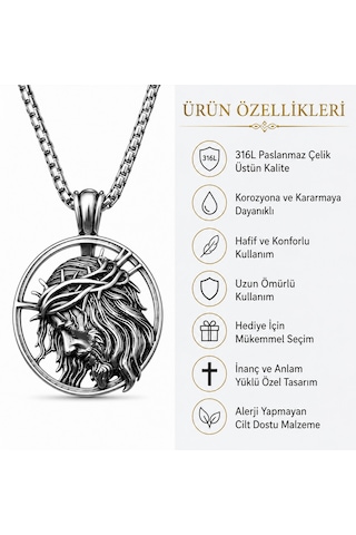 Detaylı İşçilik Paslanmaz Çelik Jesus Christ Hz. İsa Figürlü Kolye