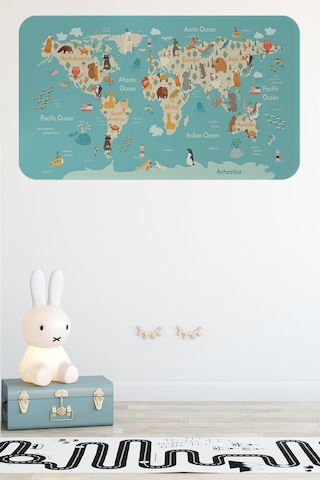 Eğitici Çocuk Odası Dünya Haritası Dünya Atlası Çocuk Ve Bebek Duvar Sticker-60x105-3770 - Renkli Çok Renkli