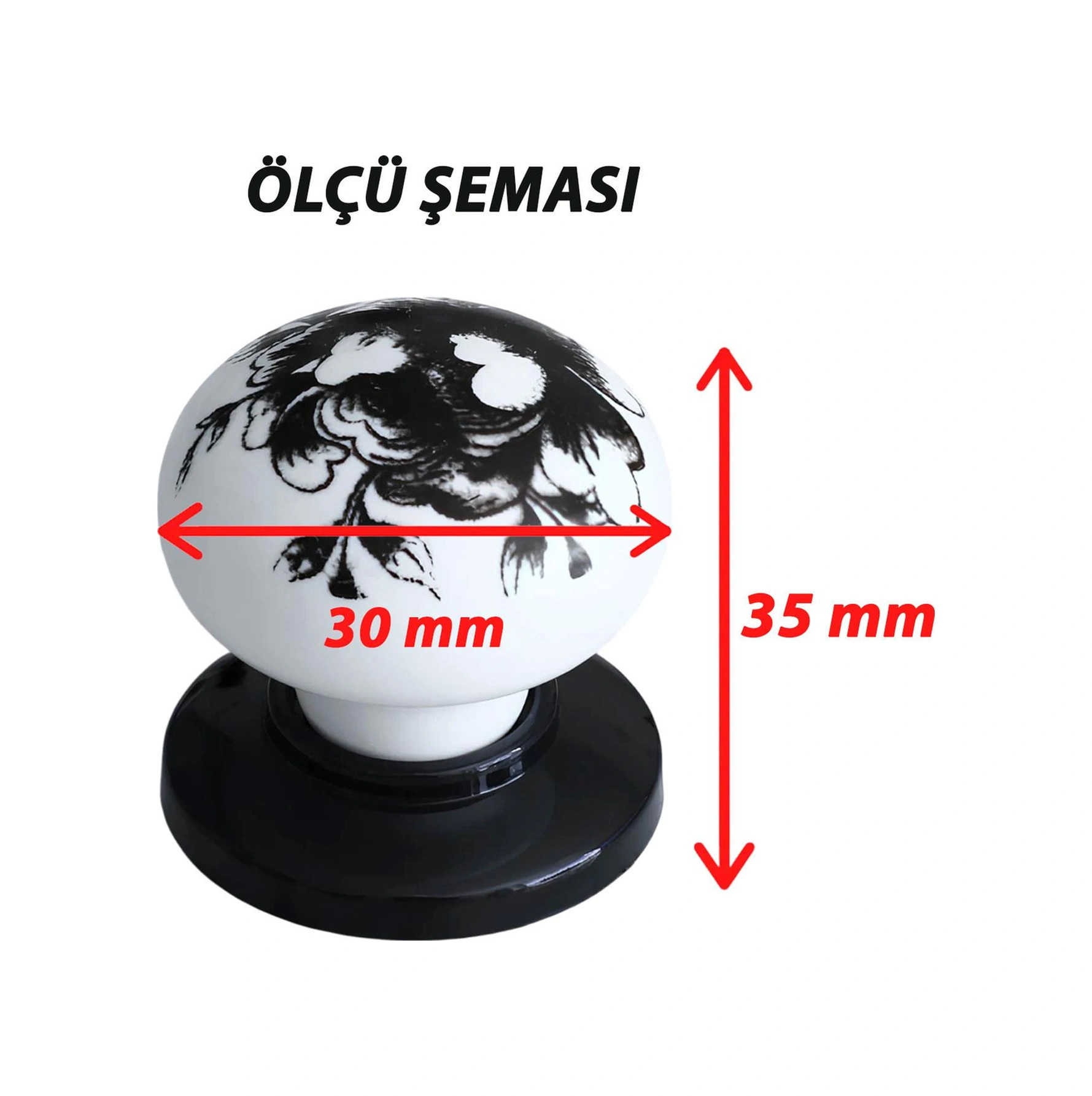 15 Adet Siyah Gül Desenli Beyaz Polimer Düğme Kulp Siyah Tablalı Mobilya Mutfak Dolabı Çekmece Kulbu Kulpları