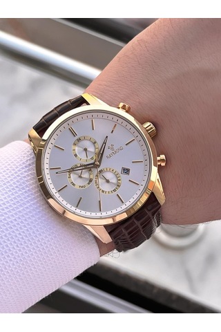Raymond Nişan Ve Damatlara Özel Deri Kordon 2 Yıl Garantili 5 Atm Erkek Kol Saati+bileklik Rmd.44 Gri - Rose Gold