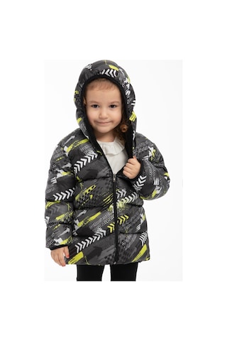 Kız Çocuk Sarı Siyah Dijital Desen Içi Polar Su Ve Rüzgar Geçirmez Kapüşonlu Şişme Kışlık Mont Sarı - Siyah