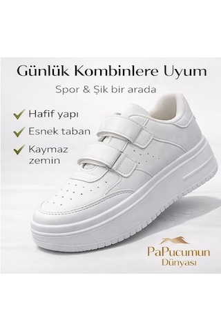 Papucumun Dünyası Aır Kalın Yüksek Taban Cırt Bantlı Kadın Sneaker Beyaz