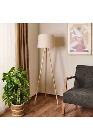 Evidea Lighting Ahşap Ayak Tripod Lambader - Natürel / Beyaz Natürel / Beyaz