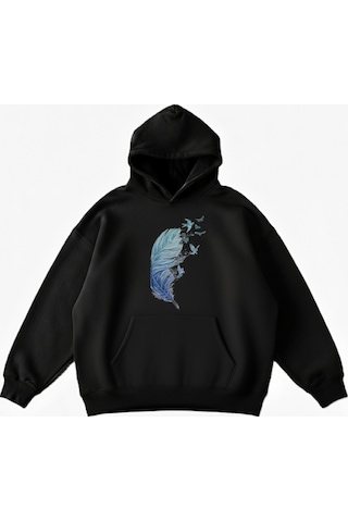 Maki Home Makiteks Siyah Pamuklu Unisex Cepli Kapüşonlu Rahat Kesim Kuş Tüyleri Baskılı Sweatshirt SiYAH