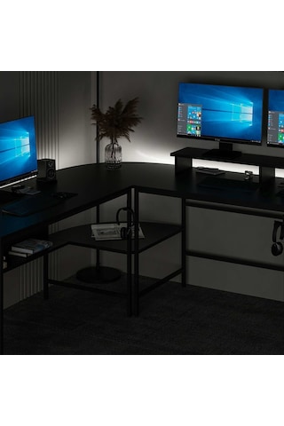 Minar Greta Rgb Led Işıklı L Köşe Çalışma Masası Siyah