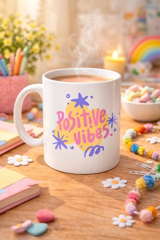 Positive Vibes Porselen Kupa Model 138 Renkli Tasarım Motivasyon Kupası Pozitif Enerji Veren Kahve & Çay Kupa Düz Renkli