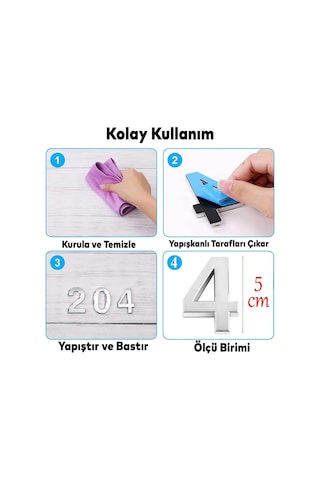 Yapışkanlı Kapı Numarası Küçük Boy 50 Mm 5 Cm Numara 4 Rakam Dört Sayısı Krom Renk Numaralar 1 Adet