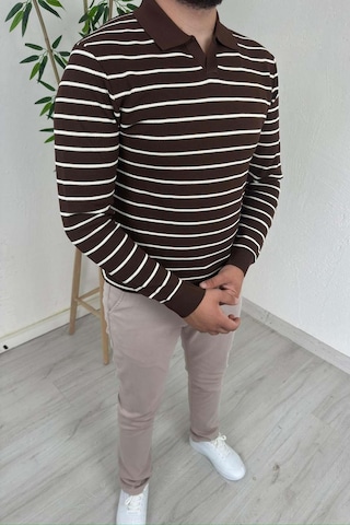 Explode - Erkek Kahve Çizgili Polo Yaka Oversize Triko Kazak Kahverengi