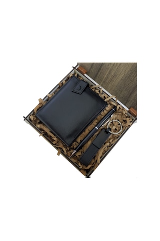 Larimar Ahşap Deri Kutulu Siyah Renk 3'lü Hediye Seti - Kalem, Cüzdan, Anahtar - 9068402223527lmr