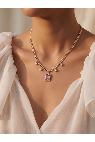 Baget Model Zirkon Taşlı Gold Pembe Renkli Çelik Kolye