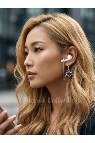 Renkli Boncuk Detaylı Küpe&çıkarılabilir Kulak Tutucu.bluetooth Kulaklık Kayıp Önleyici.özel Tasarım Çok Renkli