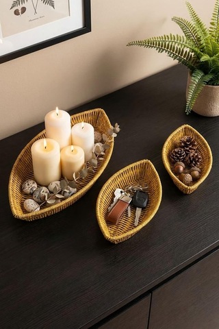 Kayık Formlu Plastik Rattan Sepet Seti, Hasır Görünümlü, Ekmek Meyve Sunum Sepetleri, 3 Parça, Çok Amaçlı Organizer, 27x15x5 Cm, 30x18x5 Cm, 33x20x5 Cm