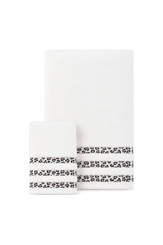 2 Parça Banyo Havlu Seti %100 Pamuk Leopar Deluxe 70x140 Cm + 50x90 Cm Beyaz