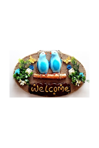 Mavi Kuşlu Çiçekli Welcome Yazılı Kapı Süsü