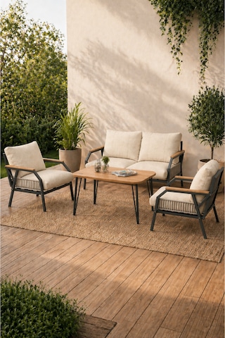 Daisy Antrasit 2+1+1 Masalı Krem Bahçe Balkon Takımı Makrome Örgülü Fermuarlı Metal Kanepe Seti Krem