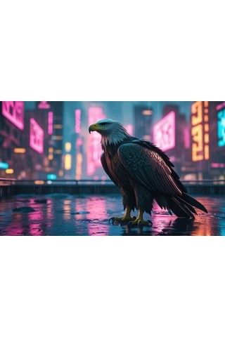 Kartal Siberpunk Dünyasında Görkemli Bir Şekilde 02 Çerçevesiz 50x30 Cm Pvc Tablo