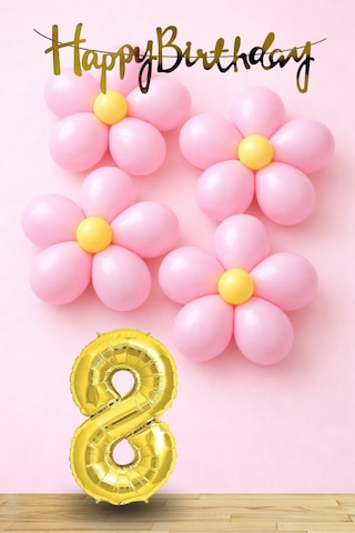8 Yaş Pembe Sarı Papatya Temalı Gold Rakam Gold Happy Birthday Banner Doğum Günü Süsleme Altın - Pembe