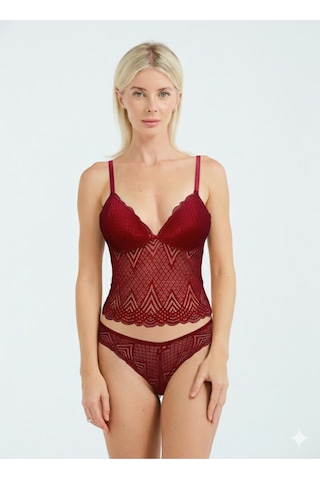 Dantel Detaylı Esnek Bralet & Slip Takımı Kırmızı