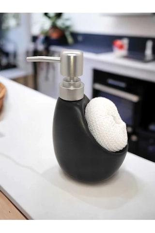 Lüks Porselen Mat Siyah Süngerli Banyo Mutfak Sıvı Sabunluk 500 Ml Bulaşık Deterjanlık Gümüş Kapak Siyah