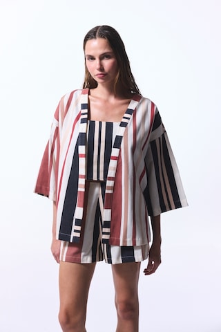 Penti Shay Striped Etnik Desen V Yaka Oversize Kimono