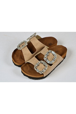 Kız Çocuk Mantar Tabanlı Çift Tokalı Ortopedik Birkeen Arizona Taşlı Terlik Bej