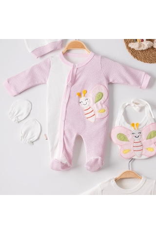 Candar 3 Ay Kelebek Nakış Puanlı Tulumlu Kız Bebek 5'li Set Pembe Pembe