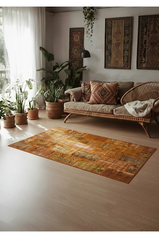 Modern Bohem Stil Vintage Halı Özel Tasarım Turuncu Patchwork Koleksiyonu Turuncu