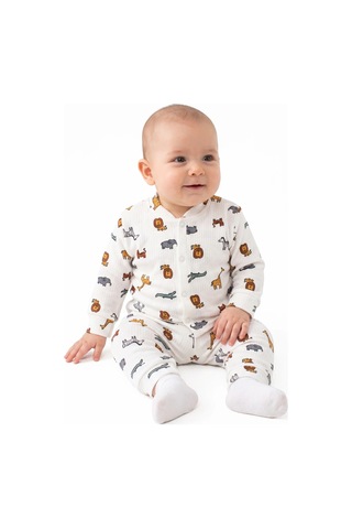 Bebegen Erkek Bebek Ekru Renkli Hayvanlar Alemi Baskılı Çıtçıtlı Pijama Takımı Çok Renkli