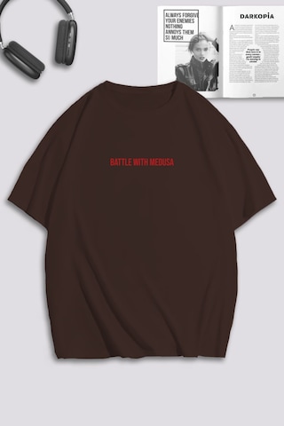 Unisex Kadın Erkek Battle With Medusa Baskılı Özel Tasarım Oversize T-shirt Kahverengi Mck0131 Kahverengi