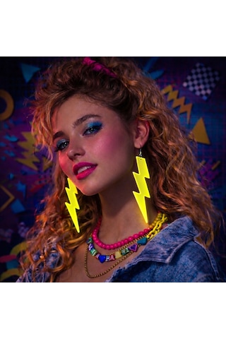 80 Ler 9039lar Retro Neon Sarı Şimşek Küpe 10 Cm "