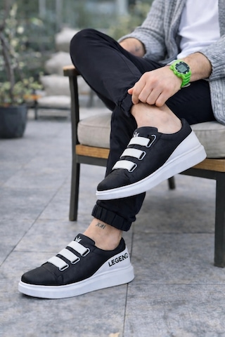 Mevese Mirox Erkek Bağcıksız 3 Bant Lastikli Günlük Sneaker Ayakkabı - Siyah Beyaz