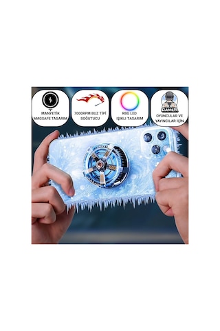 Coofbe Magsafe İle Uyumlu 7000 Rpm Turbo Fan Işıklı Klipsli Buz Etkili Telefon Soğutucu Radyatör Tüm Telefonlara Uyumlu