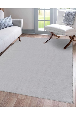 Comfort Oval Overloklu Peluş Halı Gri Gri
