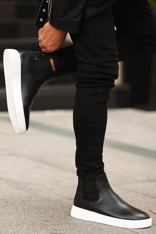 Shoetyle - Siyah Hakiki Deri Erkek Chelsea Bot - Beyaz Taban - 250-041 -1164 Siyah